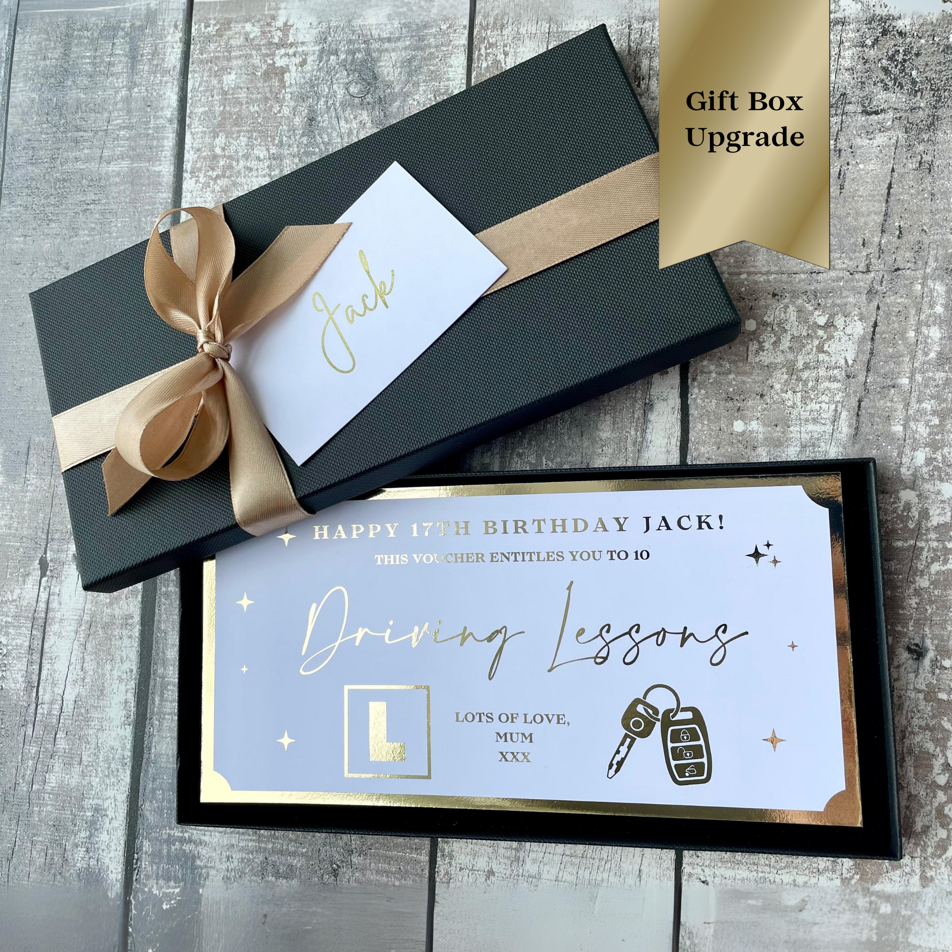 Driving lesson vouchers in a gift box