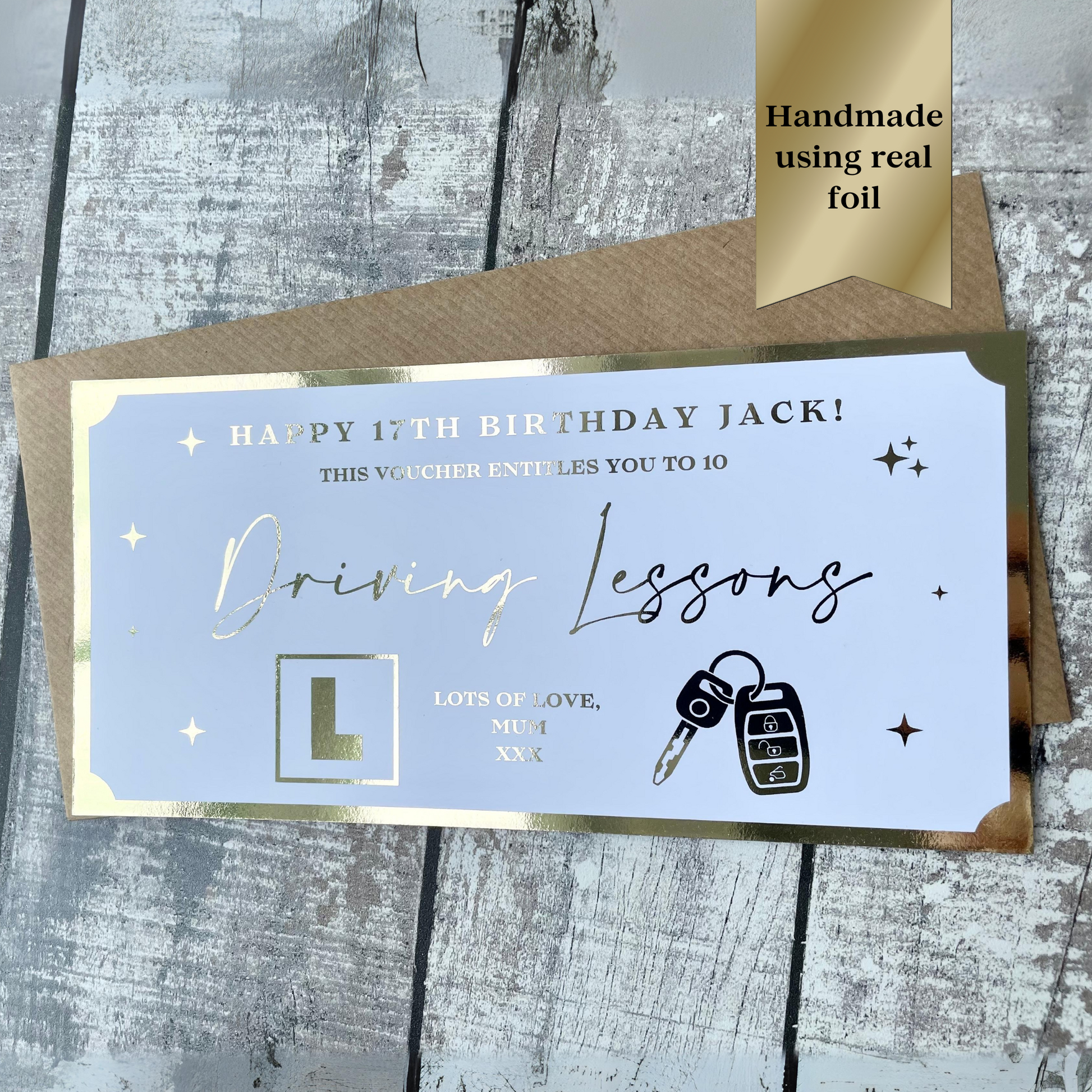 Driving lesson voucher in gold foil