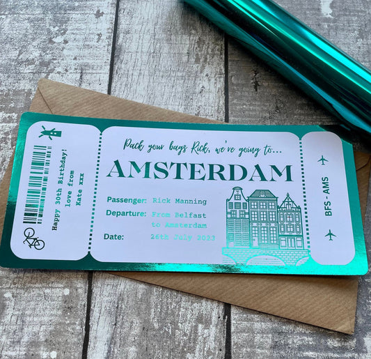 Personalised surprise trip/holiday/weekend away, Foil boarding pass, Foil ticket, Amsterdam surprise ticket, Custom travel ticket
